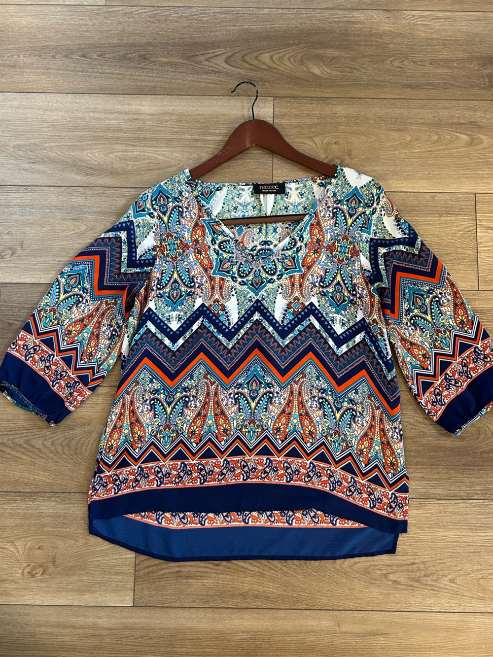 Renee C Boho Paisley Chevron High Low Blouse Women’s Sheer Top USA Size M?